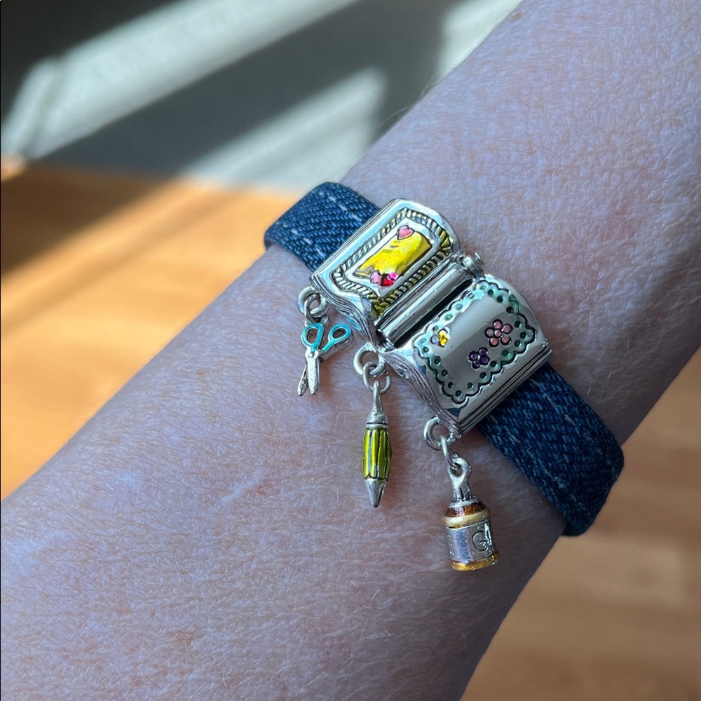 Denim Fabric and Silver Tone Bracelet with Scrapbooking Charms